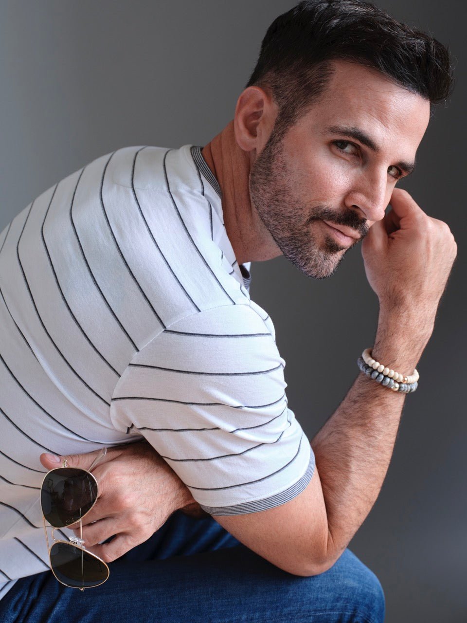 Carlsbad White Ground Stripe Short Sleeve Crew Neck