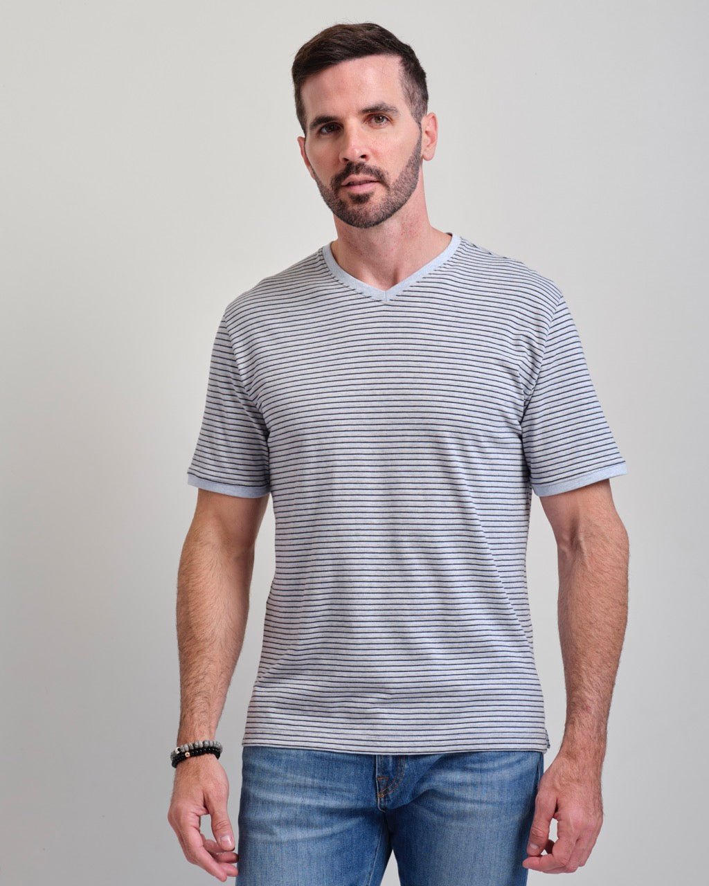 Santa Monica Melange Stripe Short Sleeve V-neck