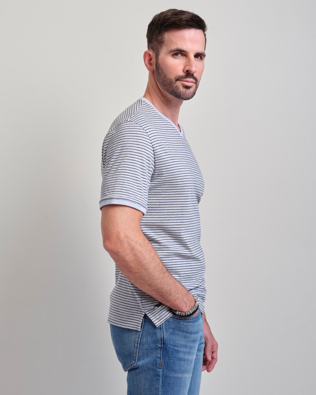 Santa Monica Melange Stripe Short Sleeve V-neck