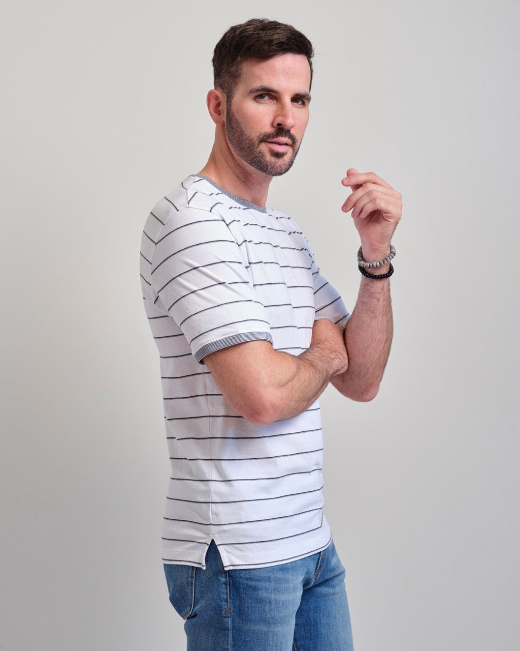 Carlsbad White Ground Stripe Short Sleeve Crew Neck