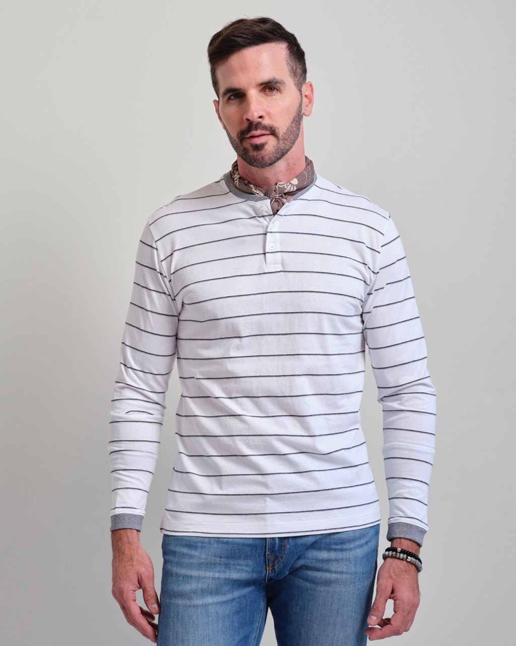 San Diego White Ground Stripe Long Sleeve Henley