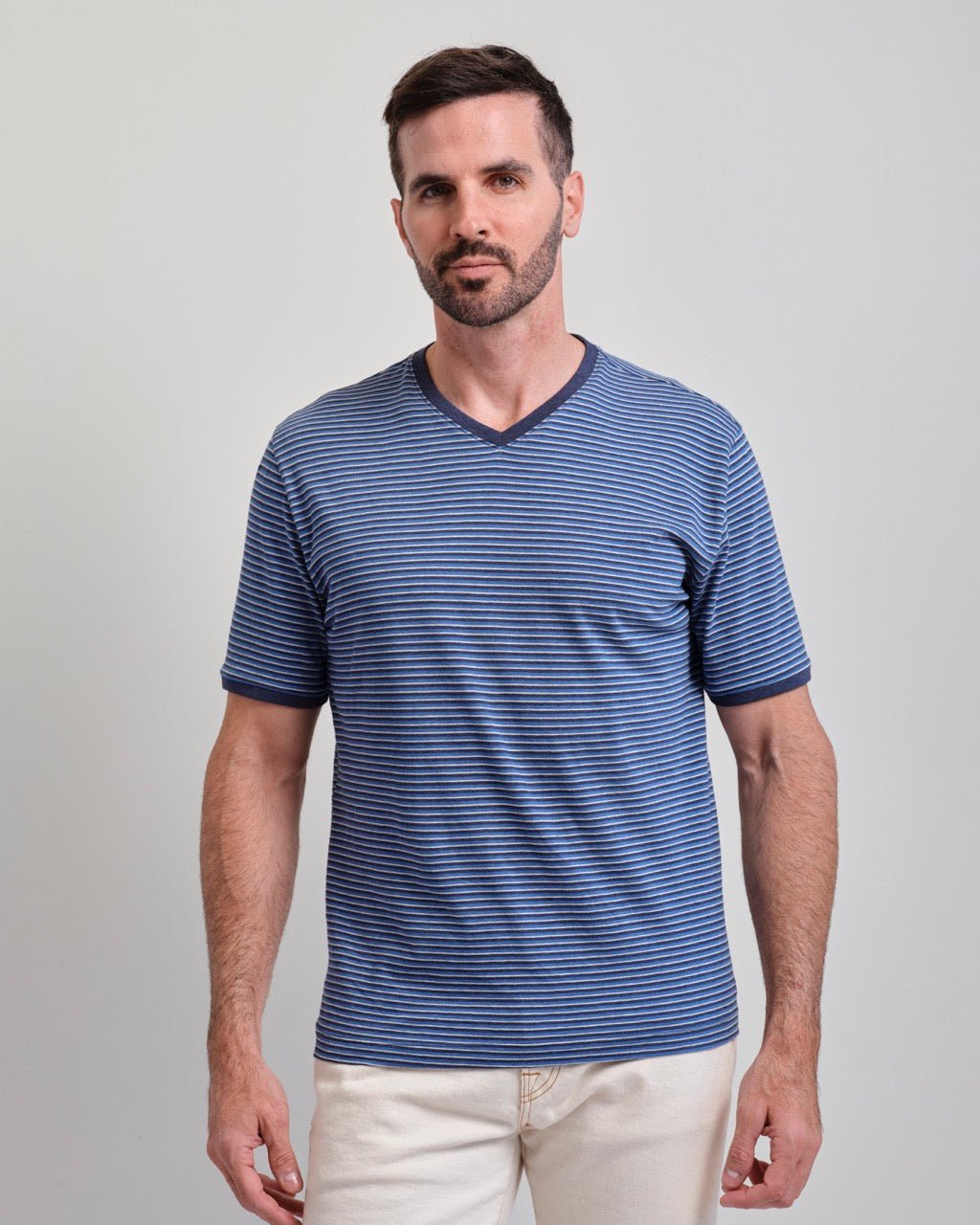 Santa Monica Melange Stripe Short Sleeve V-neck