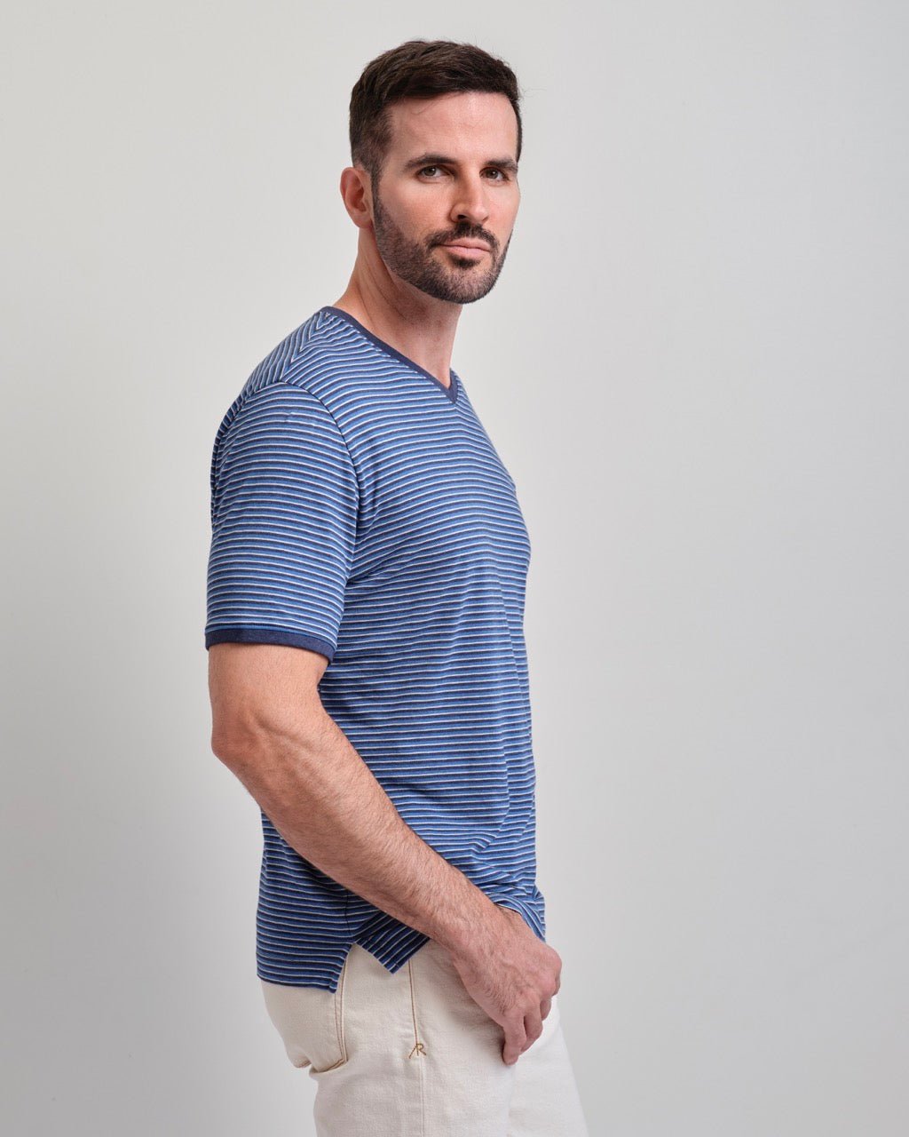 Santa Monica Melange Stripe Short Sleeve V-neck