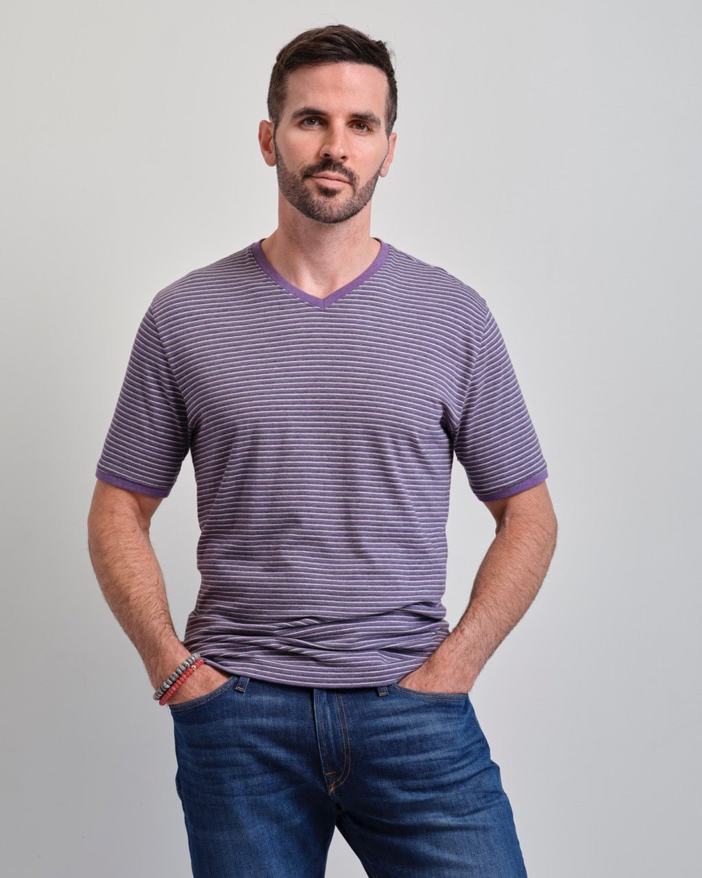 Santa Monica Melange Stripe Short Sleeve V-neck