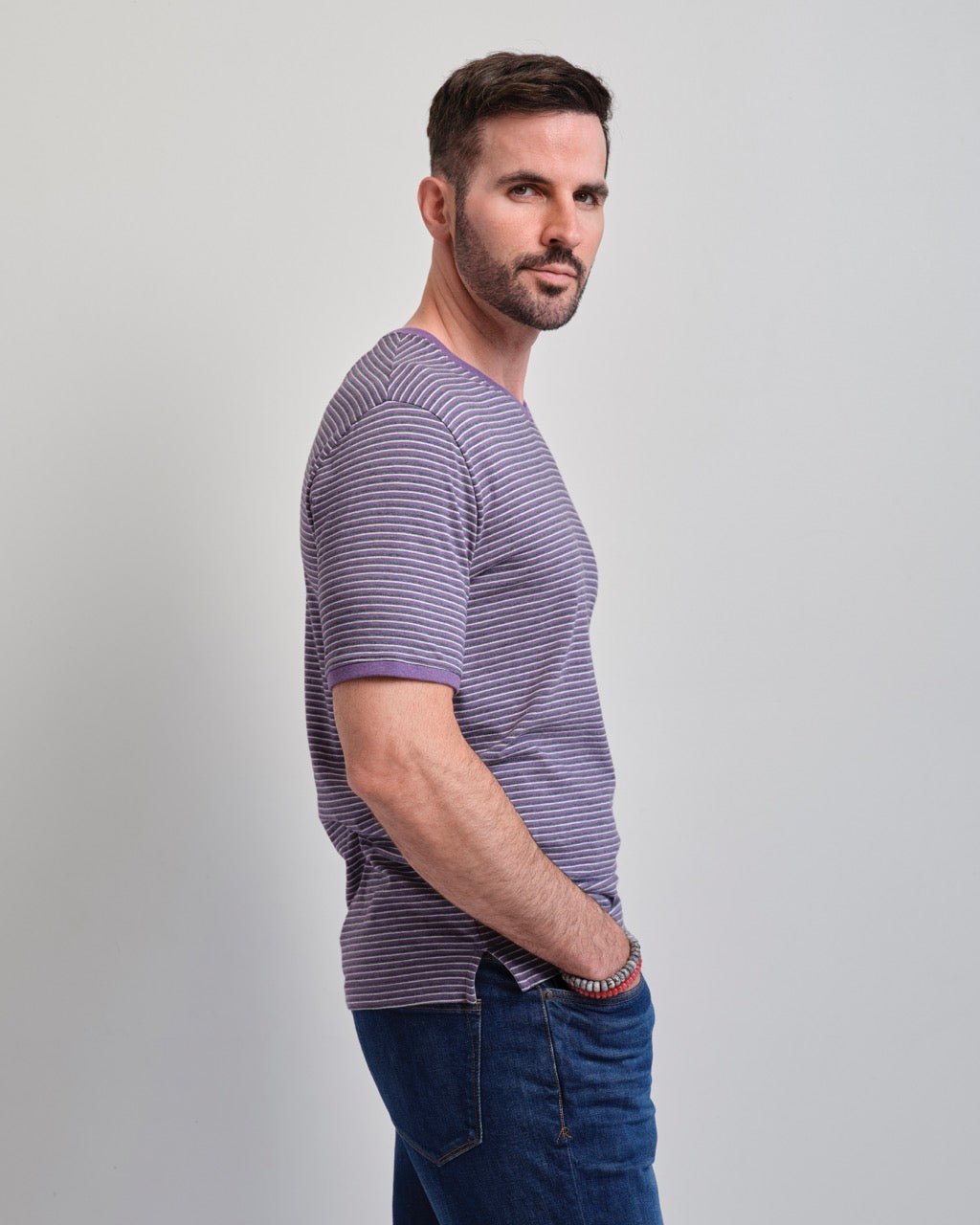 Santa Monica Melange Stripe Short Sleeve V-neck