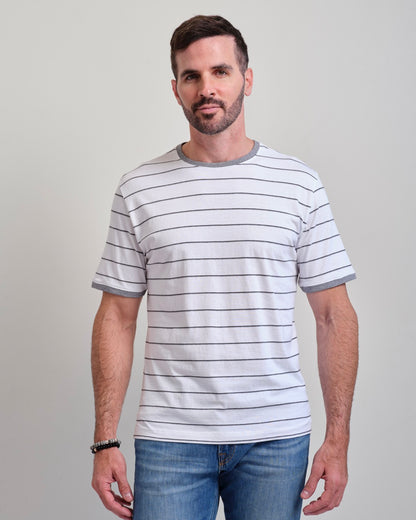 Carlsbad White Ground Stripe Short Sleeve Crew Neck Tee