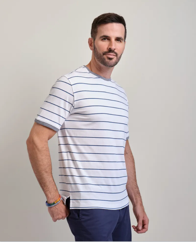 Carlsbad White Ground Stripe Short Sleeve Crew Neck Tee